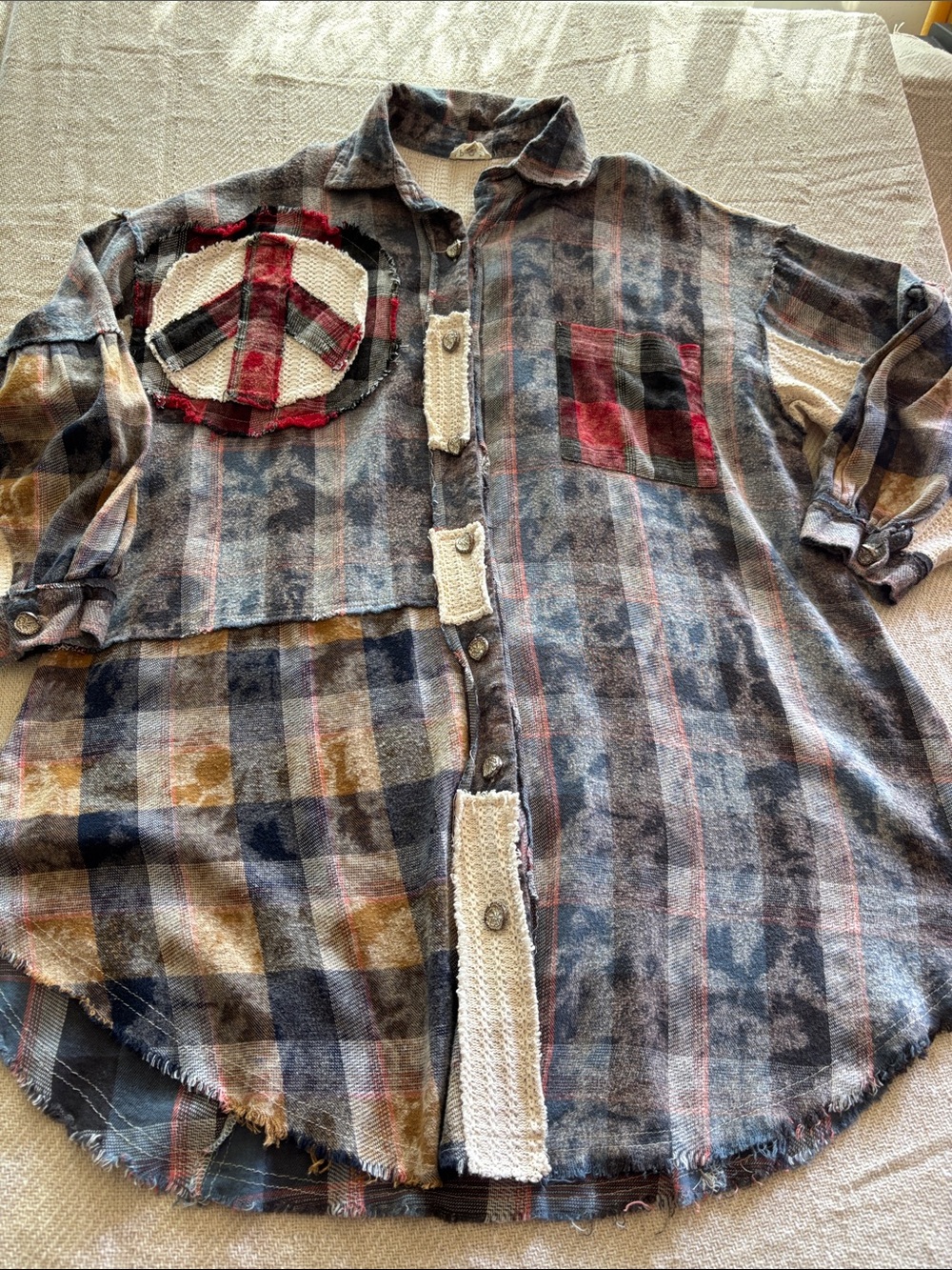 POL Peace Plaid Patchwork Oversize Button Front Shirt Shacket Medium